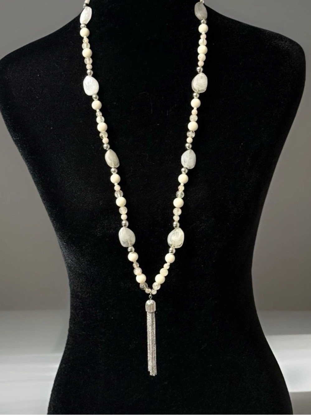 Women's Silver Tassel and White Beaded Long Jewelry Necklace Boho Casual Wear